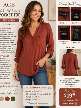 AGB Rust Button-Front Roll-Tab Sleeve Blouse